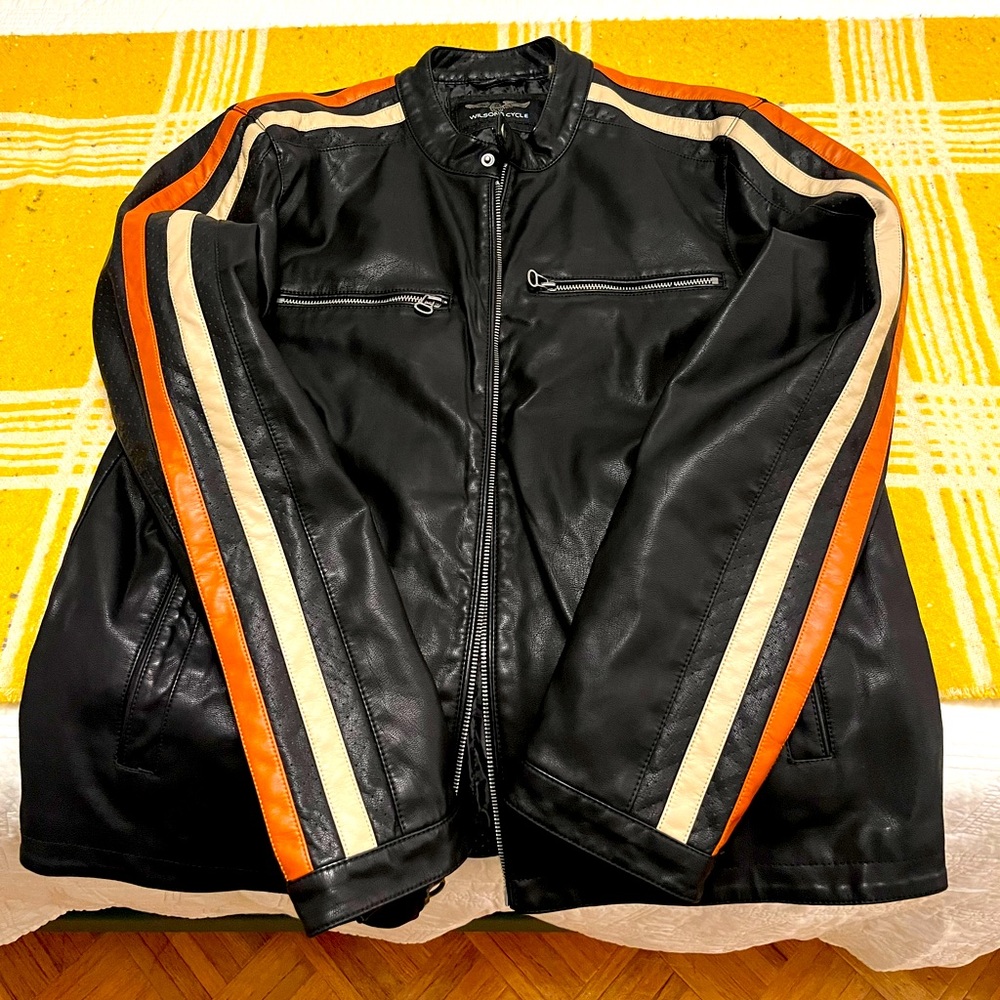 Leather Vintage style Motorcycle Jacket. Black w orange and tan racing stripes.